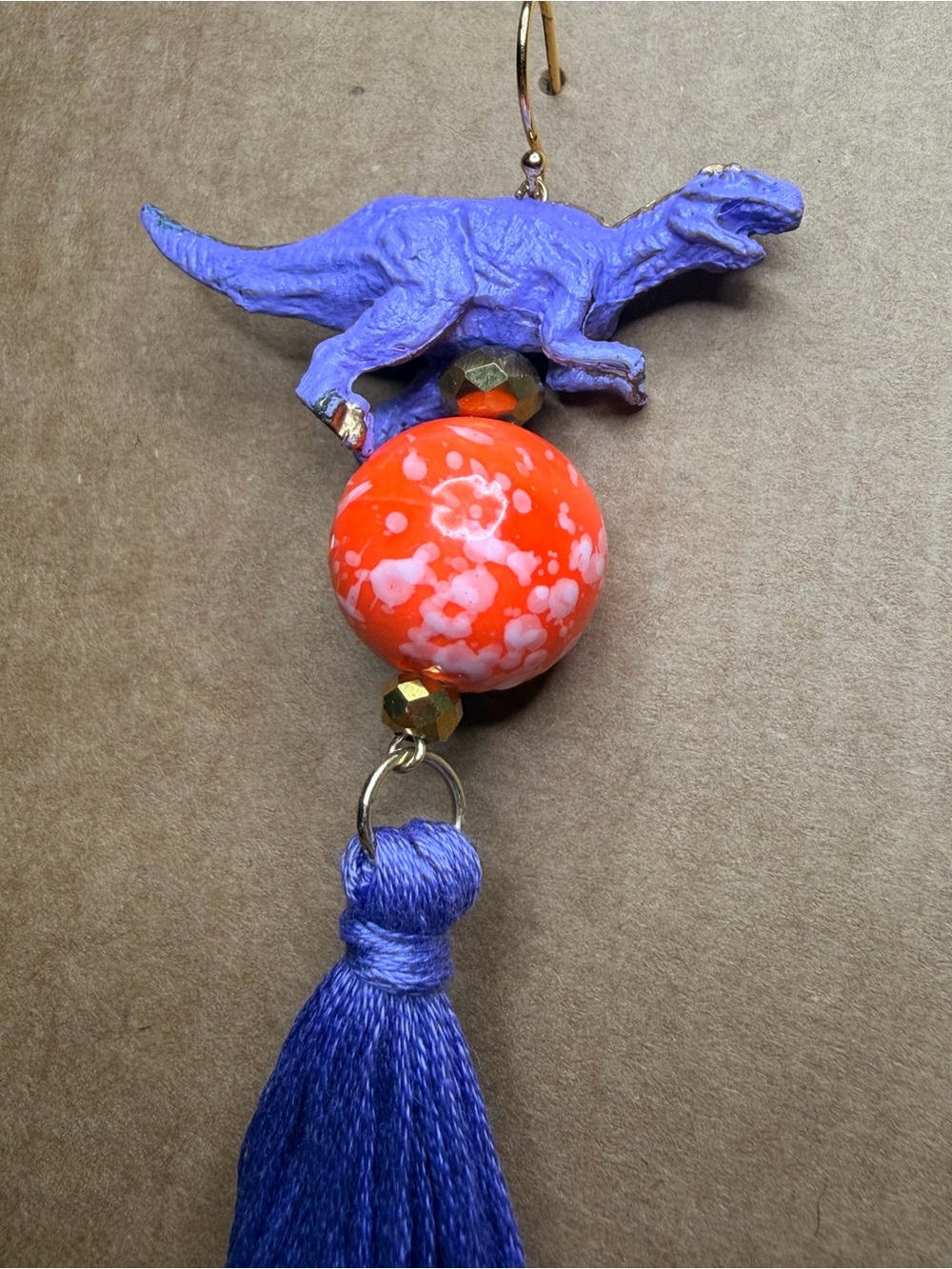 Playful Purple Tyrannosaurus Dinosaur Tassel Earrings with Orange Beads - Picture 5 of 5